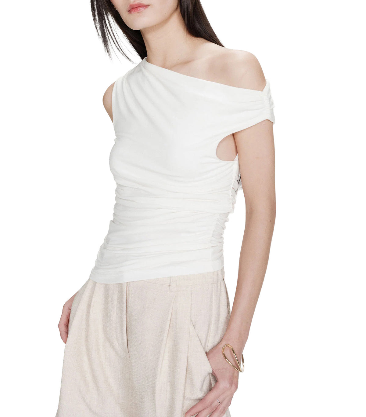 Vodia Fitted Asymmetric Draped Top Ivory