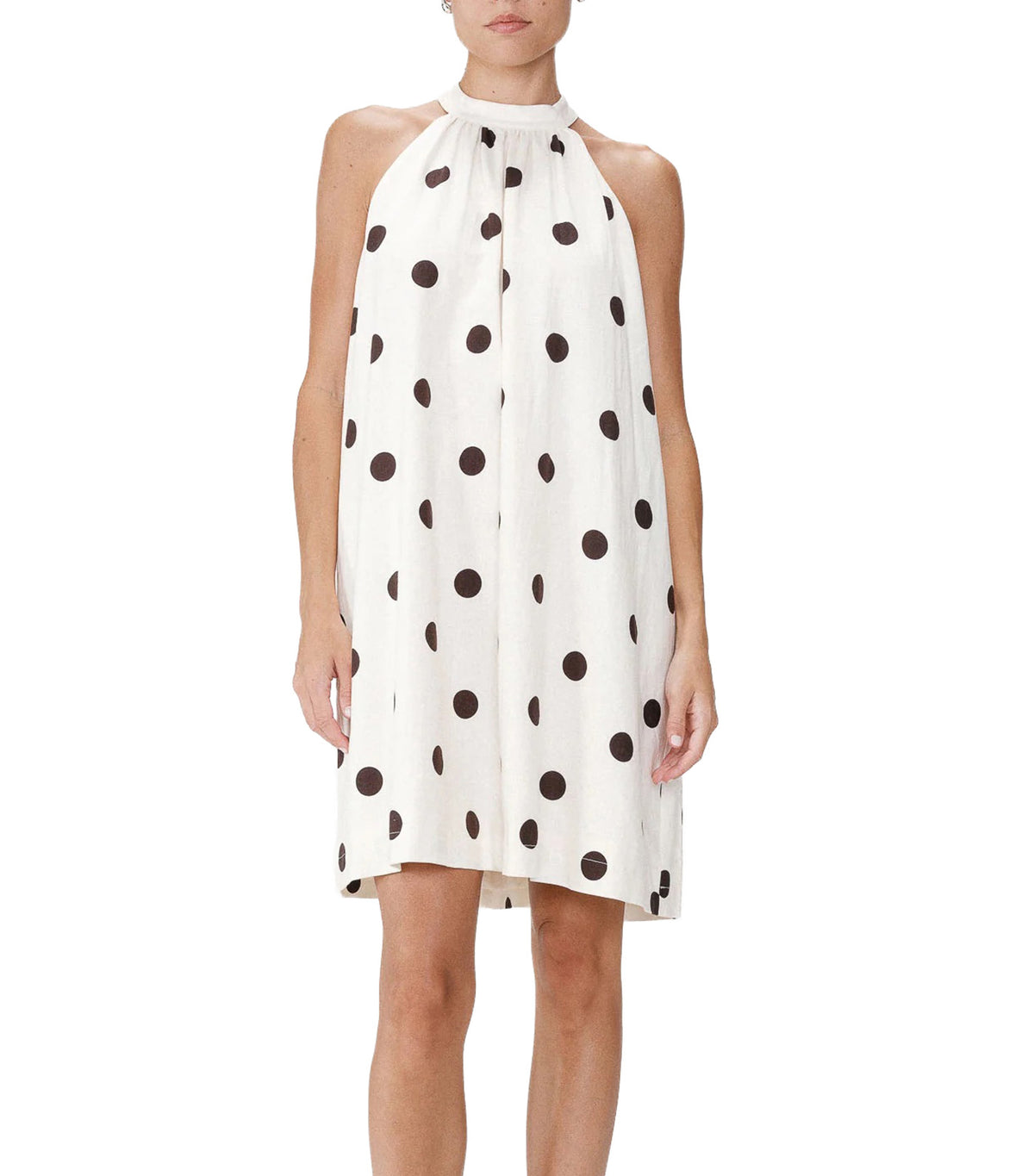 Warna Flared Short Sleeveless Polka-Dot Dress Ecru