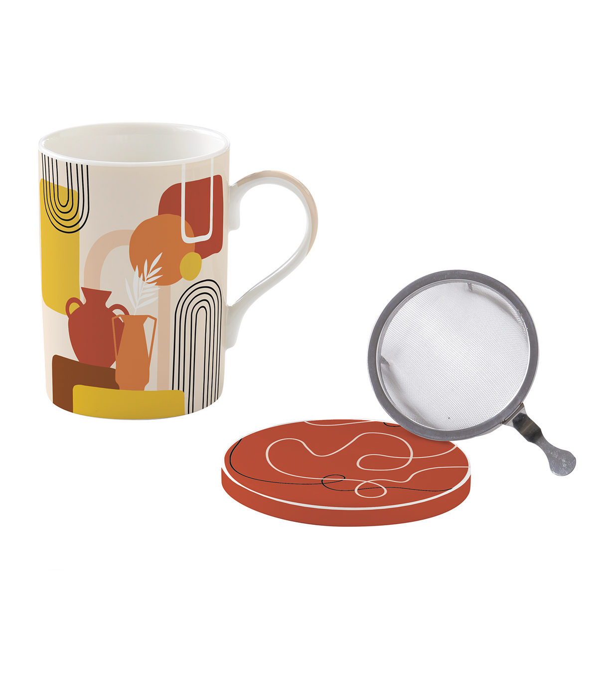 Terracotta Porcelain Mug with Lid and Metal Infuser Set of 3