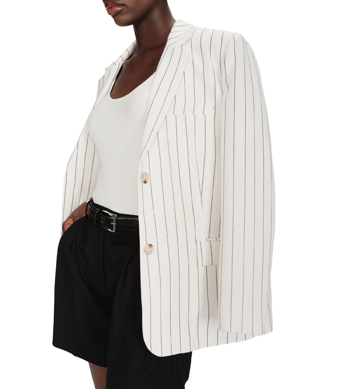 Velvet Striped Straight Blazer White