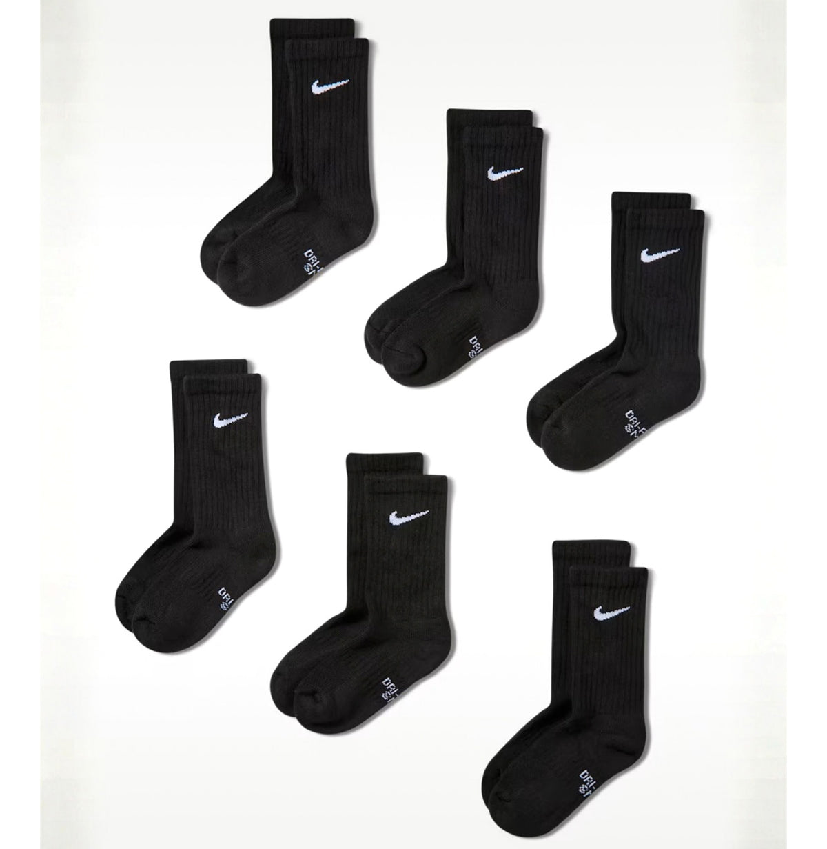 Performance Cushioned Crew Kids' Training Socks Black/White (6 Pairs)