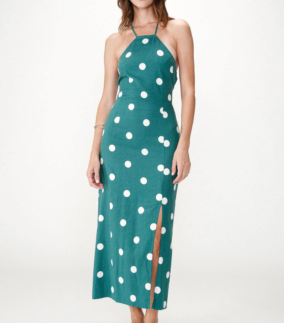 Wyella Fitted Polka Dot Long Dress Emerald