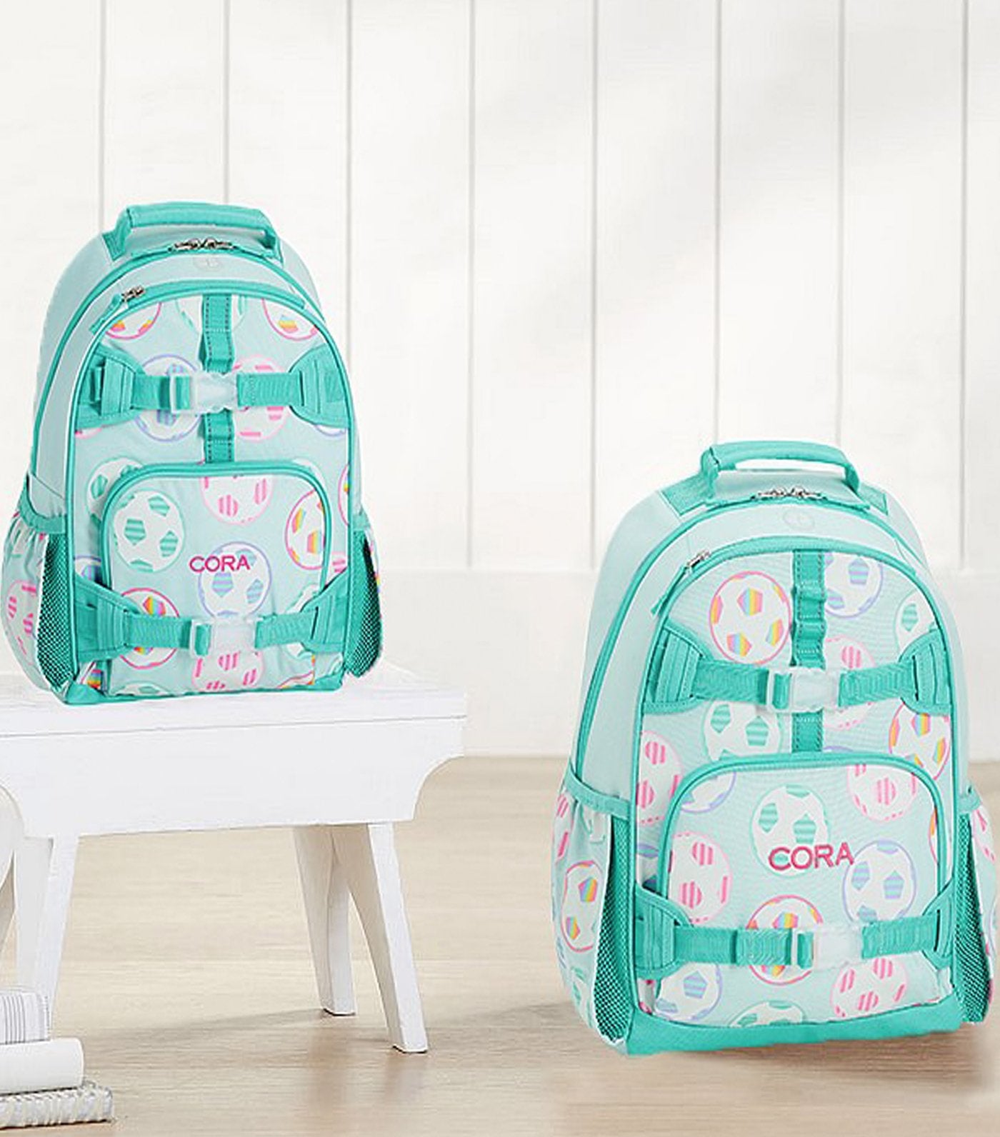 pottery barn kids mackenzie aqua soccer glow-in-the-dark backpacks