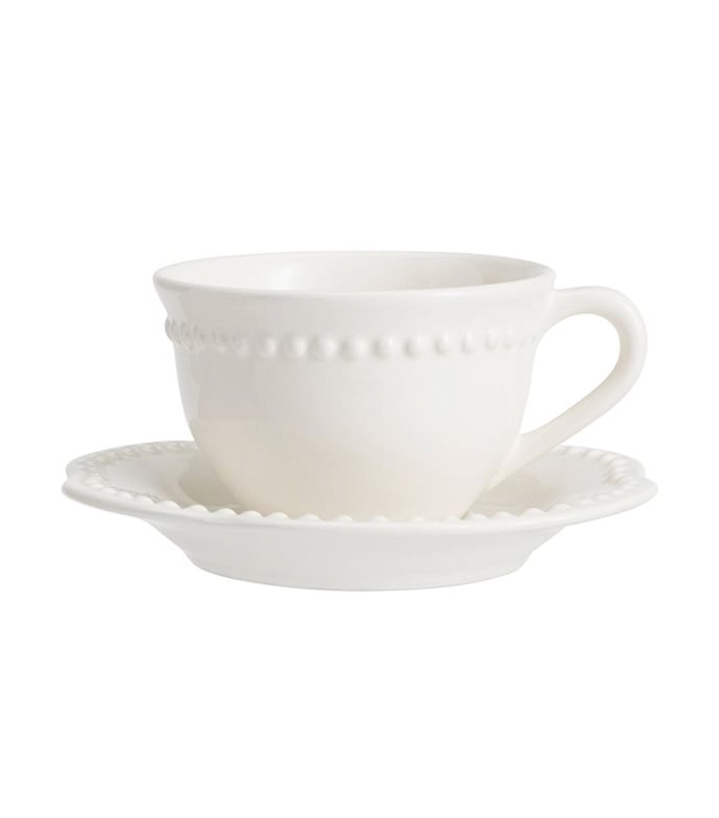 Pottery Barn Emma Stoneware Beaded Cup and Saucer - White