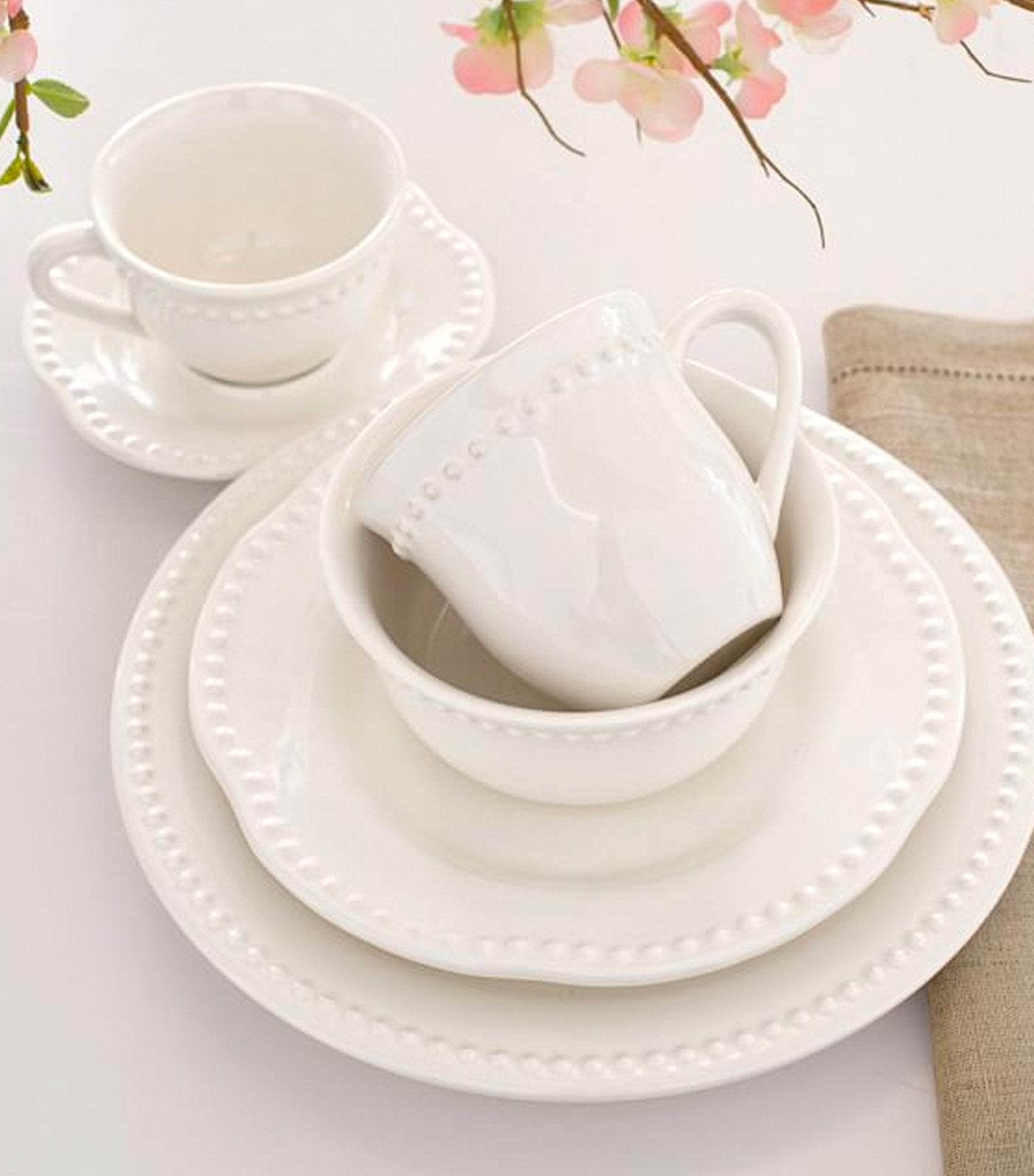 Pottery Barn Emma Stoneware Beaded Cup and Saucer - White