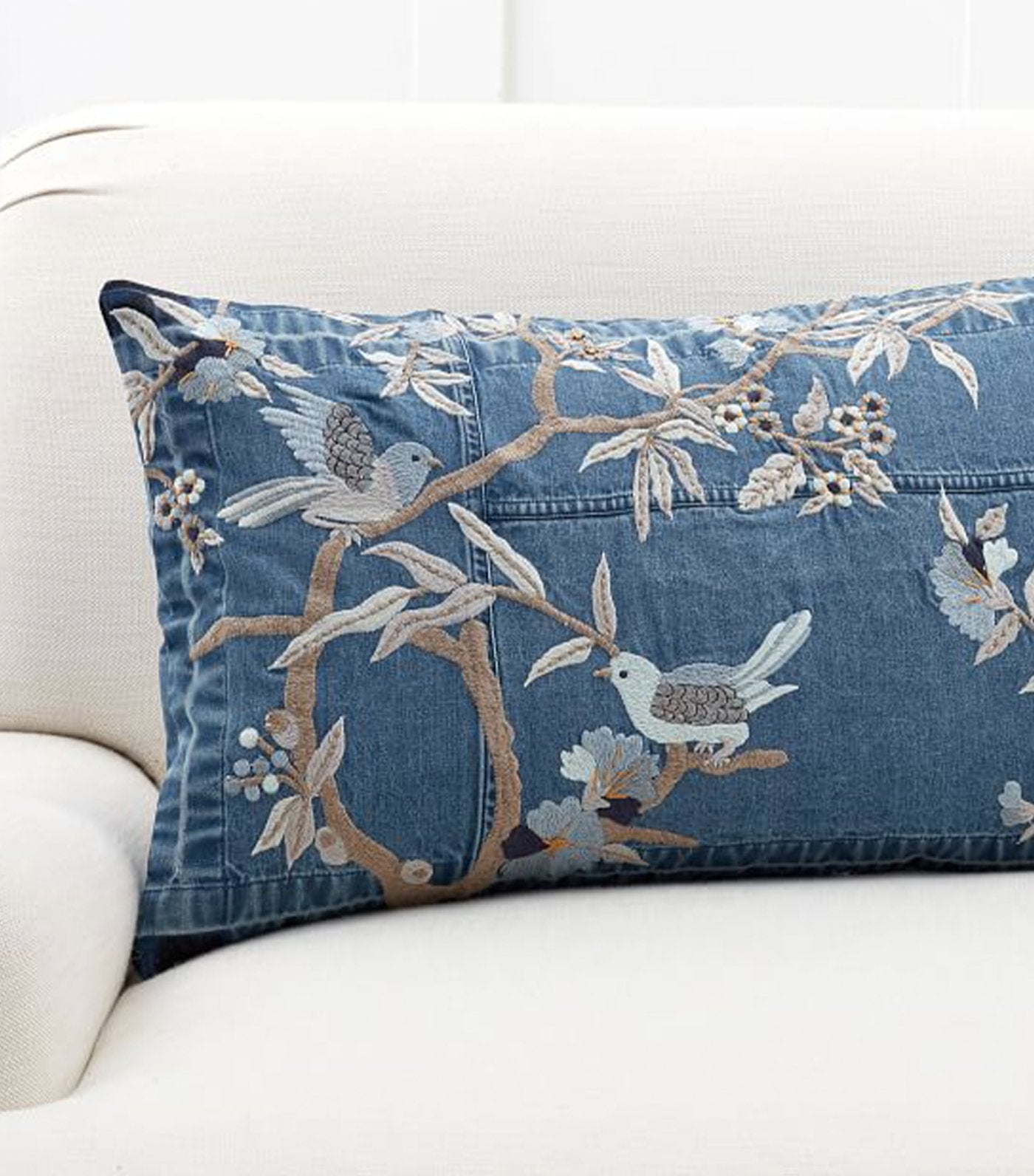 pottery barn floral denim embroidered lumbar pillow cover