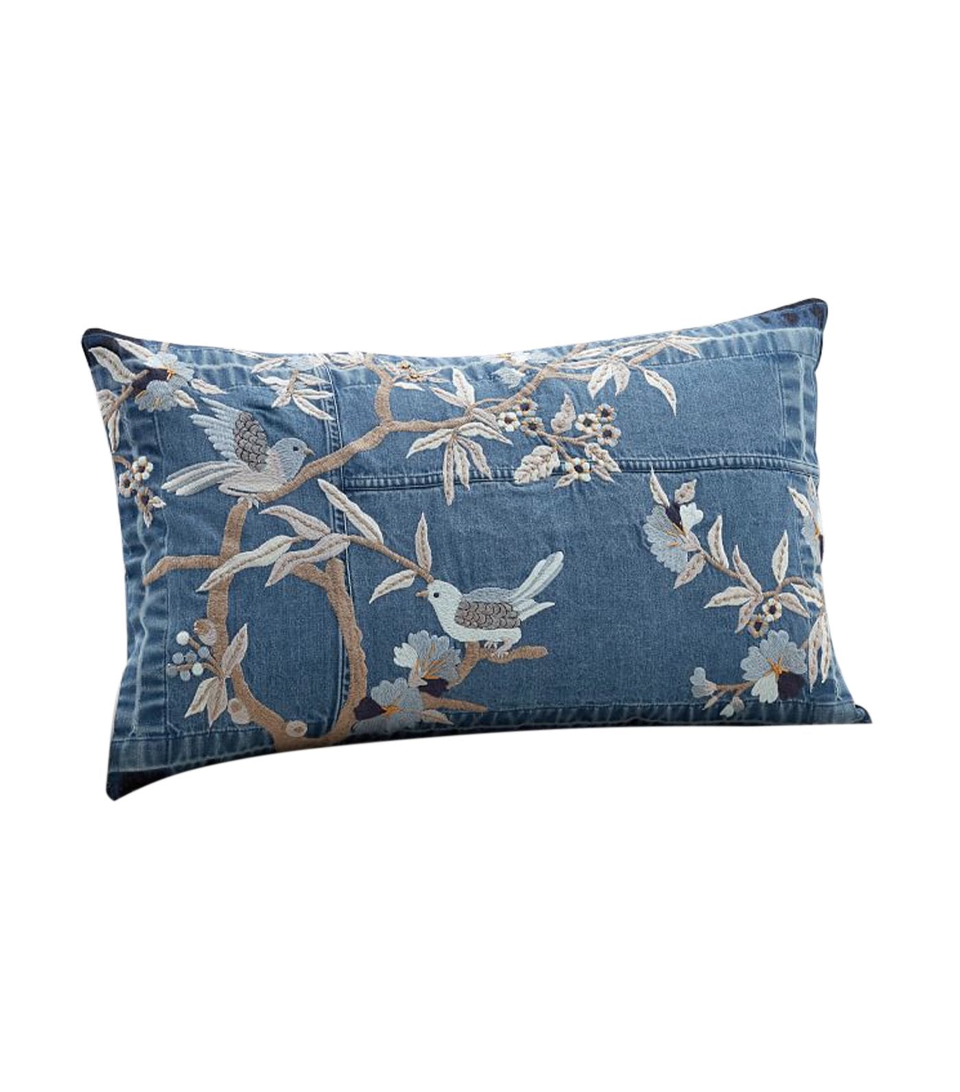 pottery barn floral denim embroidered lumbar pillow cover