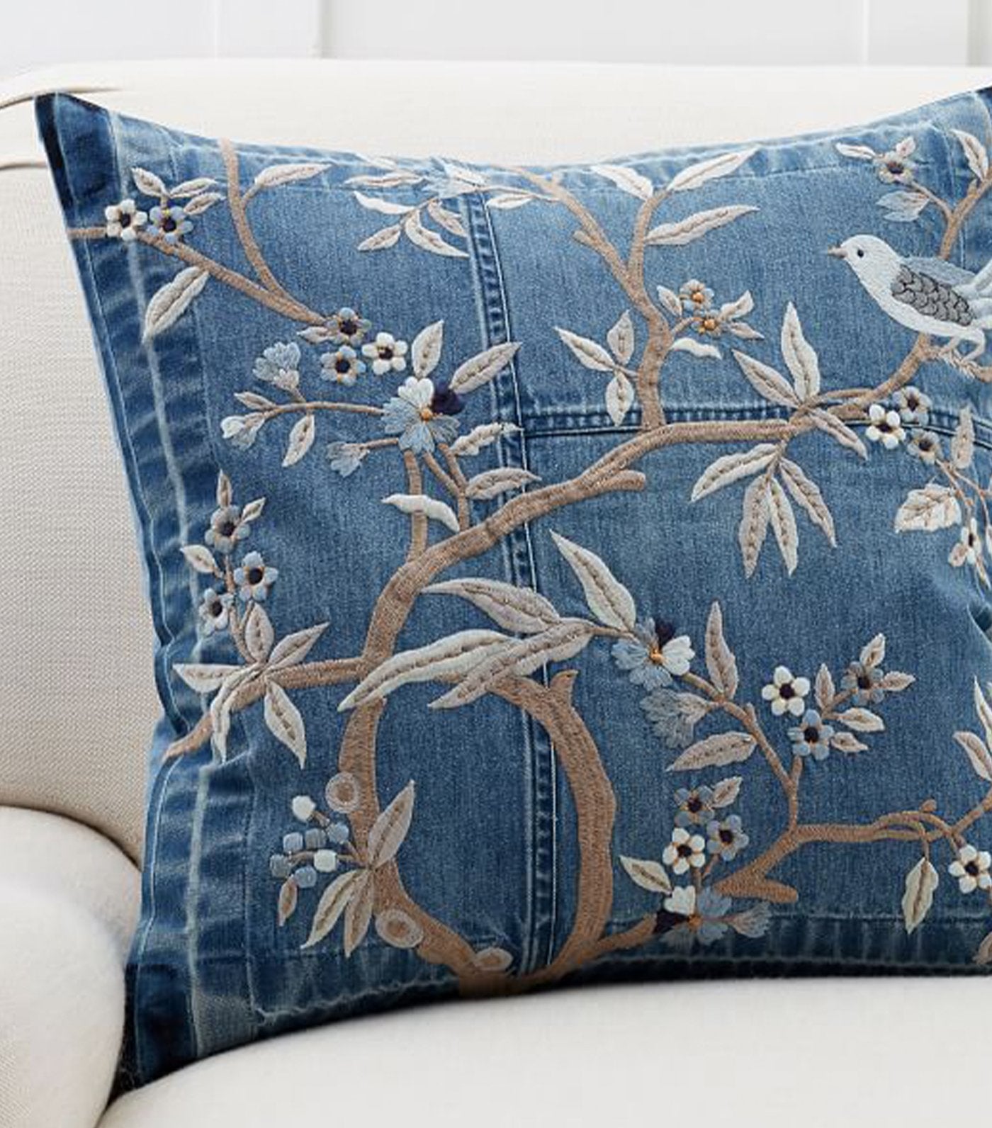 pottery barn denim floral embroidered pillow cover