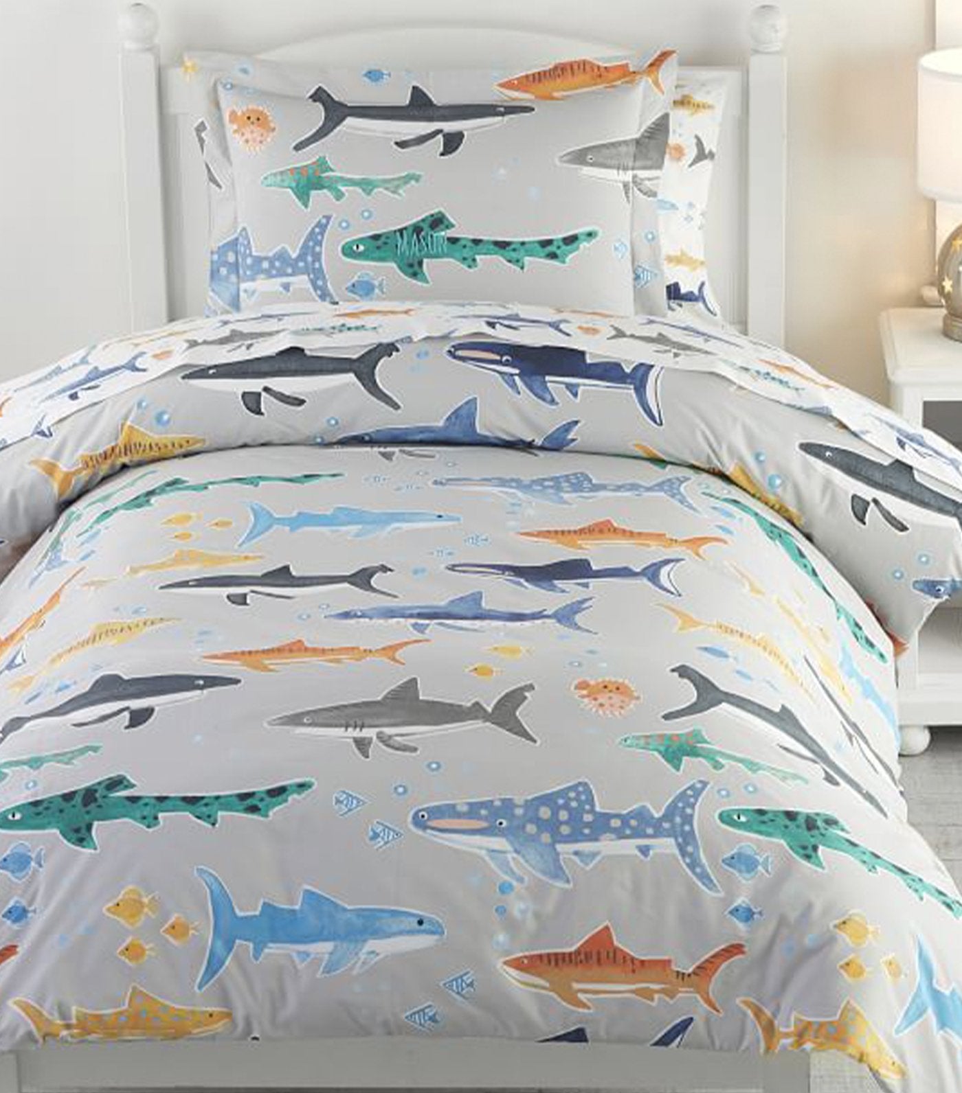 pottery barn kids organic shark party duvet cover - full/queen