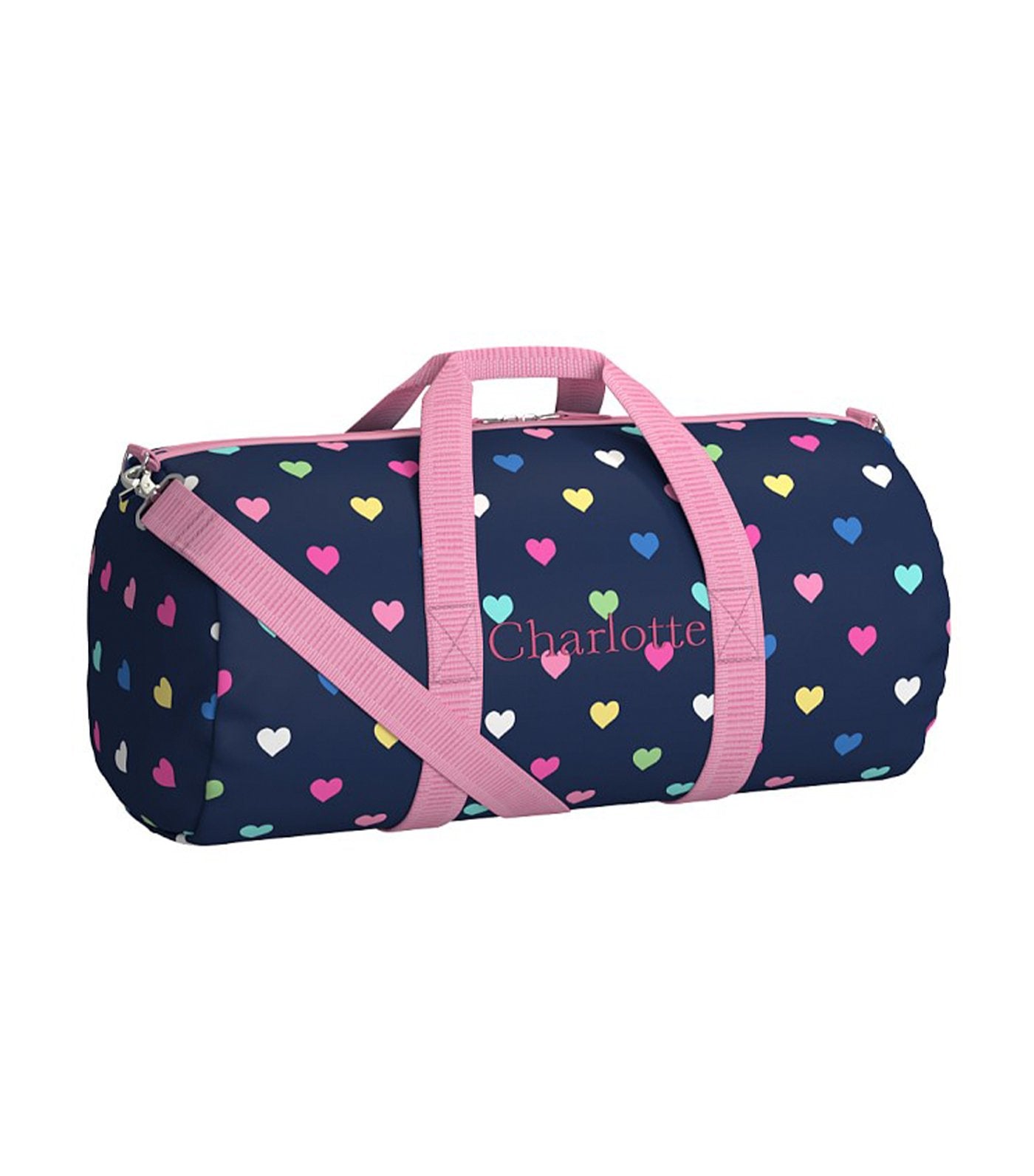pottery barn kids mackenzie navy multi hearts large duffle bag
