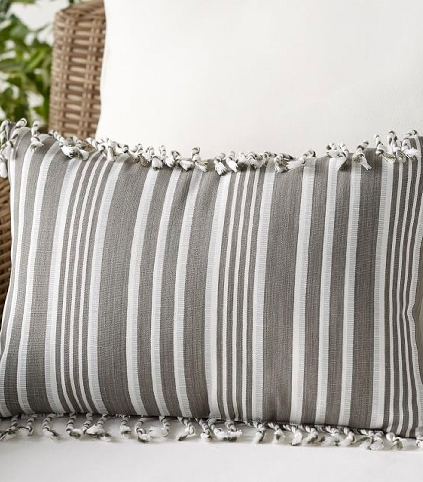 Pottery Barn Melilla Fringe Lumbar Indoor/Outdoor Pillow - Gray