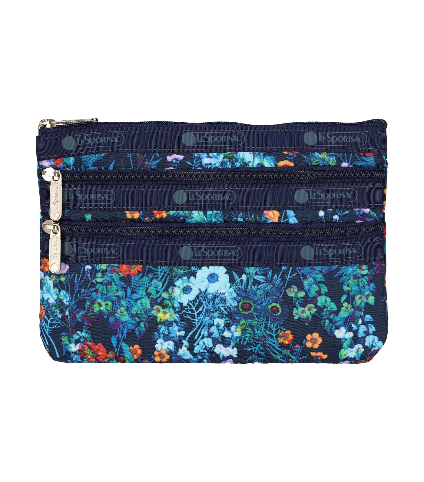 3-Zip Cosmetic Florescent Floral Bleu