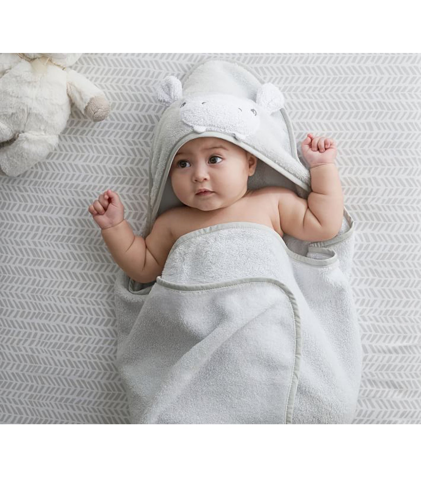 Super Soft Hippo Baby Hooded Towel & Wash Cloth - Light Gray
