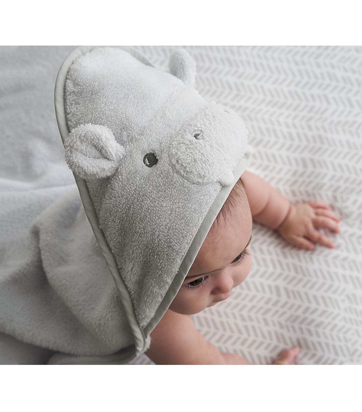Super Soft Hippo Baby Hooded Towel & Wash Cloth - Light Gray