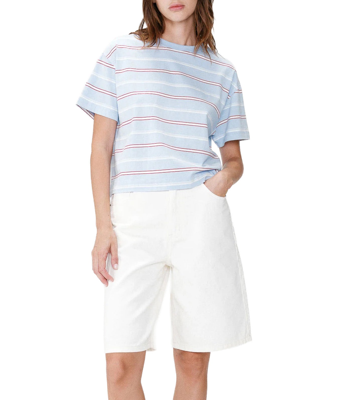 Welson Oversized Striped Cotton T-Shirt with Short Sleeves Sky Blue