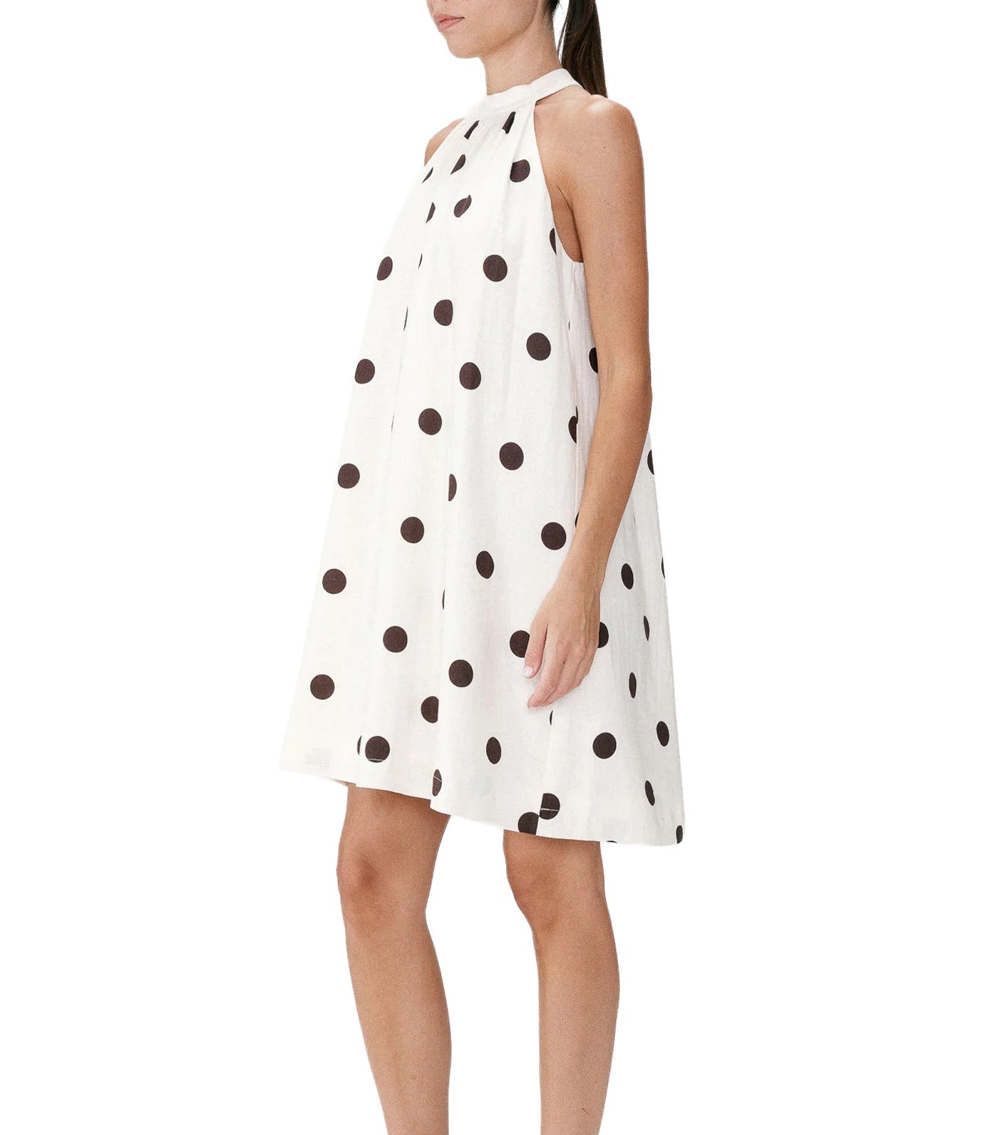Warna Flared Short Sleeveless Polka-Dot Dress Ecru