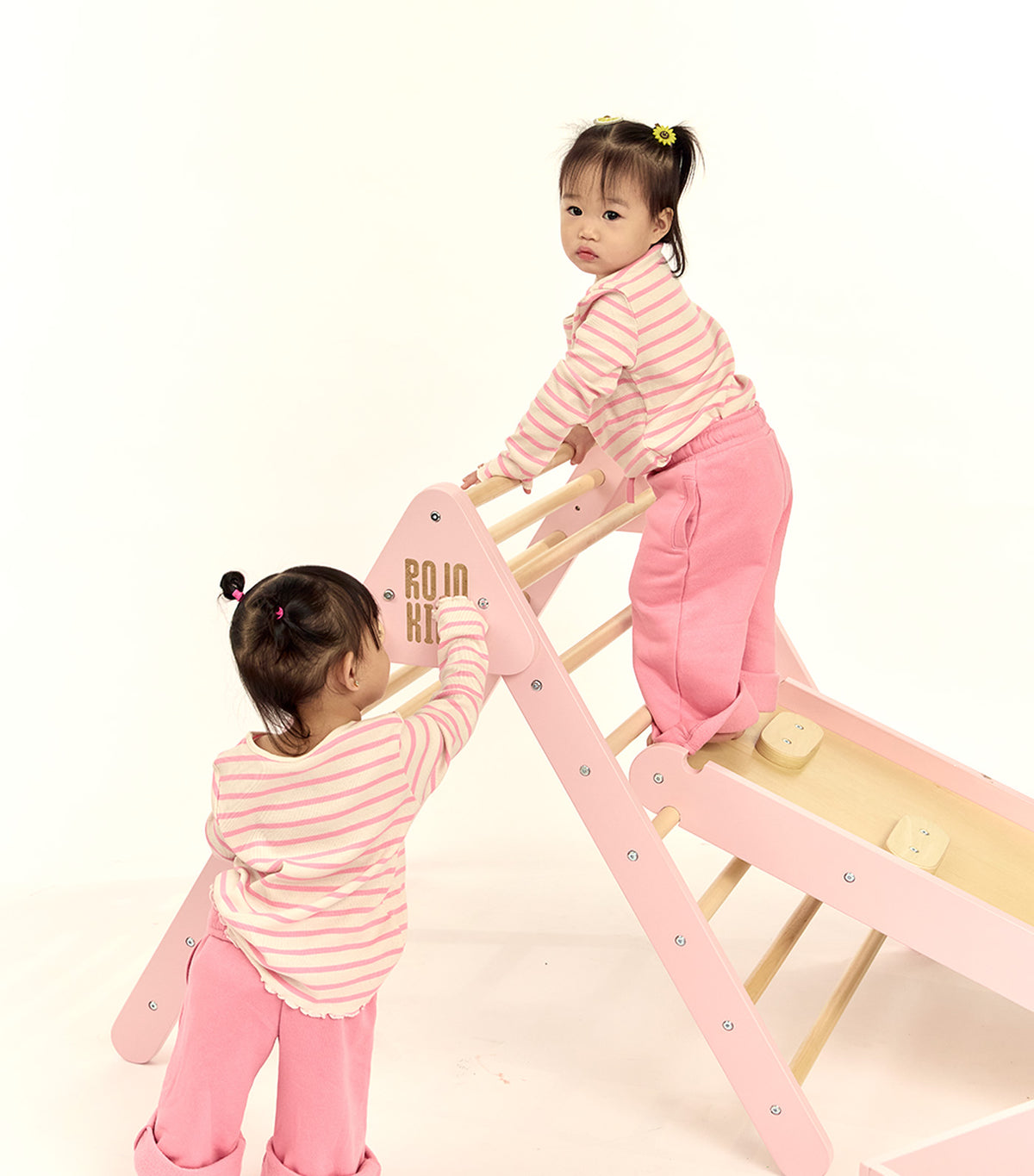Pikler Triangle with Slide and Climb Board Pink
