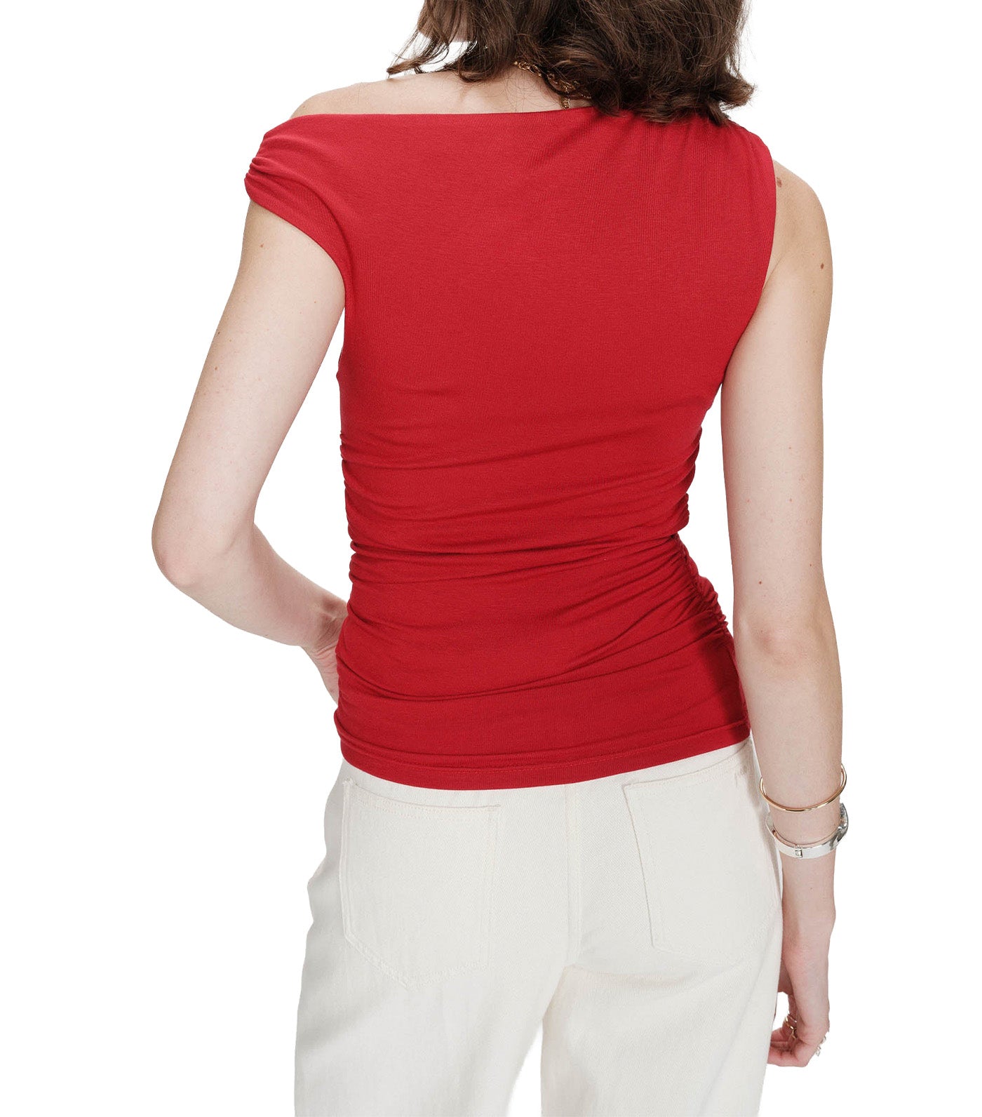 Vodia Fitted Asymmetric Draped Top Red