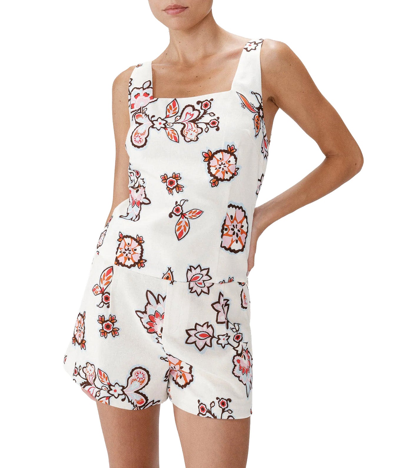 Windsor Fitted Floral-Print Square-Neck Top Ecru