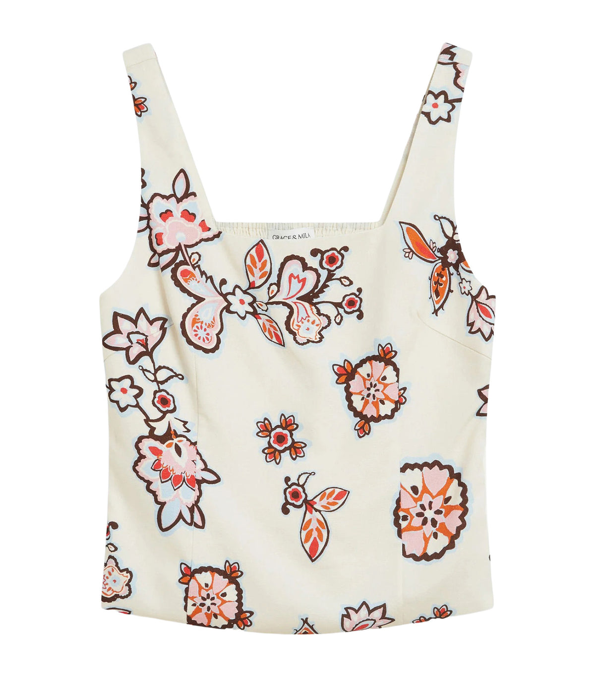 Windsor Fitted Floral-Print Square-Neck Top Ecru