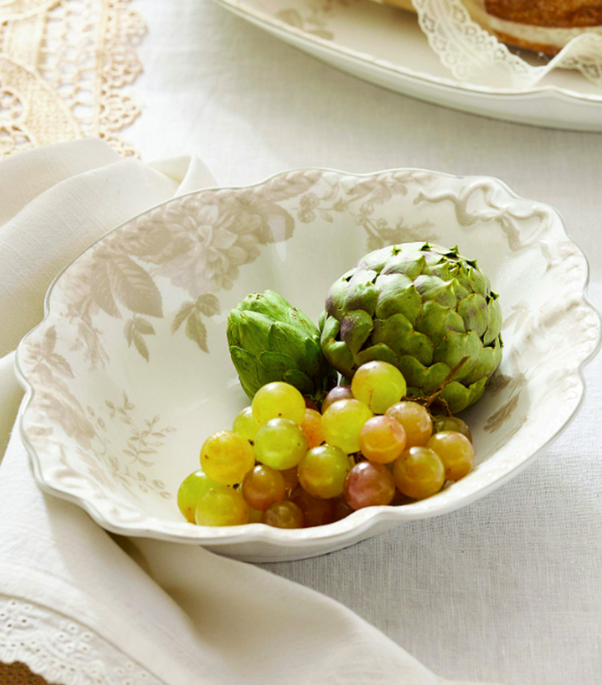 LoveShackFancy Neutral Floral Porcelain Serving Bowl Tan/White