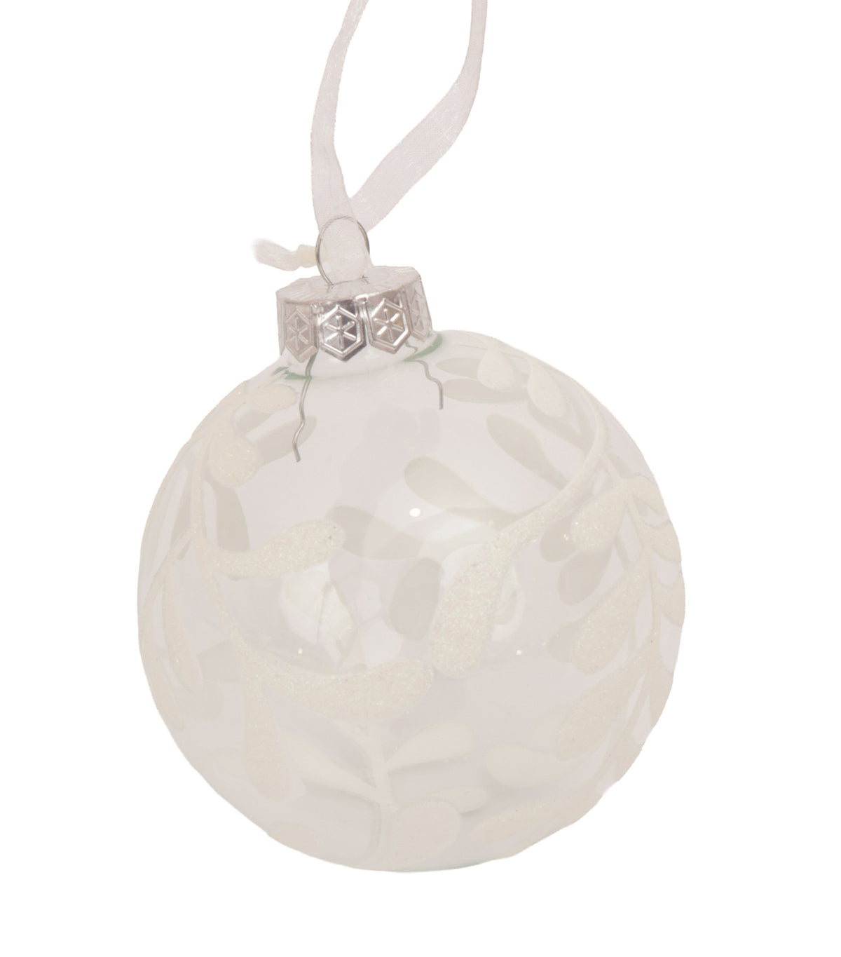 100mm Christmas Glass Ball White Leaves