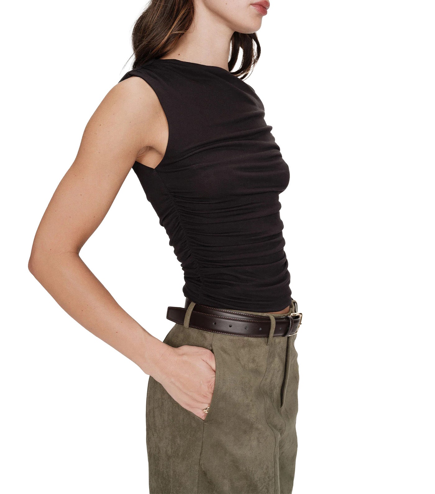 Vodia Fitted Asymmetric Draped Top Black