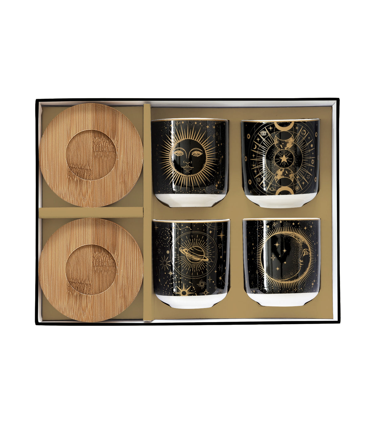 Celestial Set 4 Porcelain Coffee Cups with Bamboo Saucers