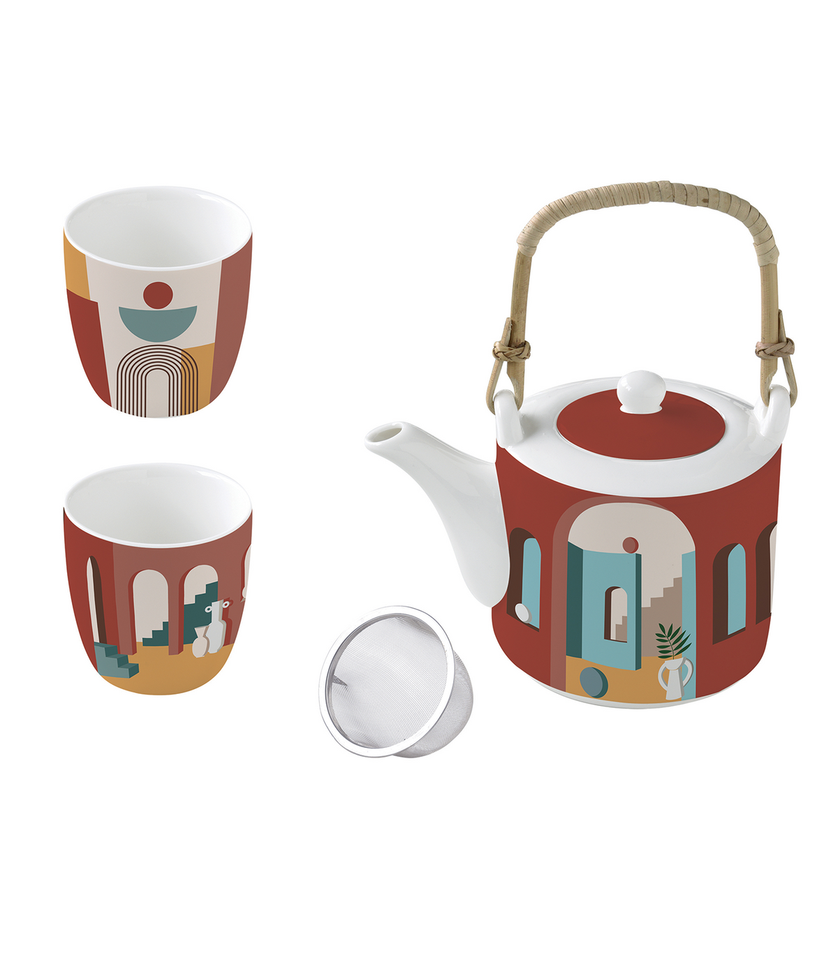 Illusion Porcelain Teapot with Metal Infuser and Cup Set of 4