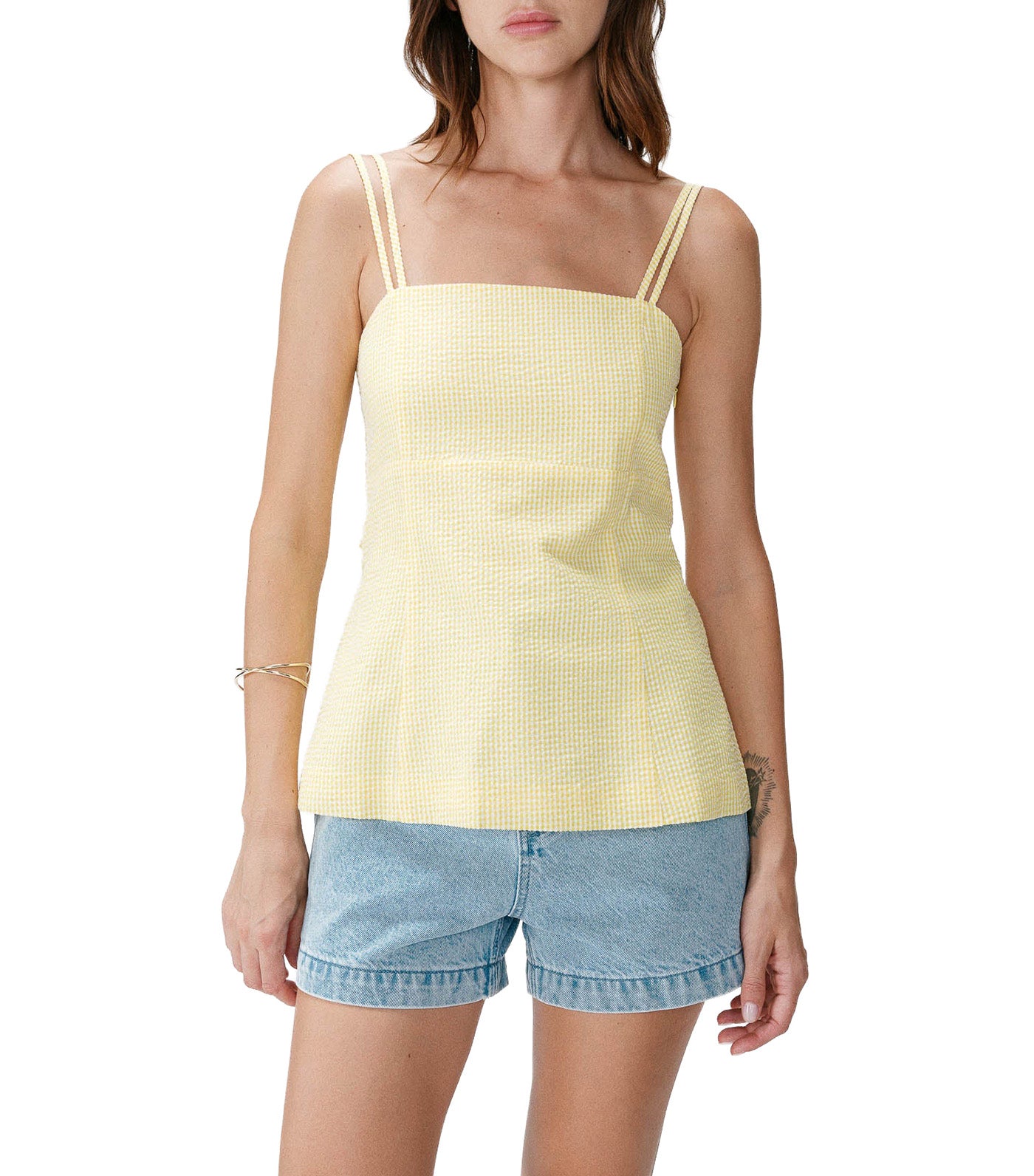 Wynel Fitted Gingham Cotton Square-Neck Top Yellow