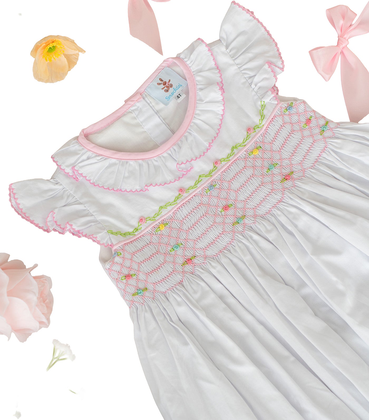 Girls Blush Blossom Smocked Dress White