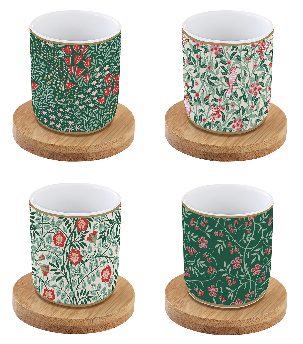 Floral Fantasy Porcelain Coffee Cup with Bamboo Saucer Set of 4
