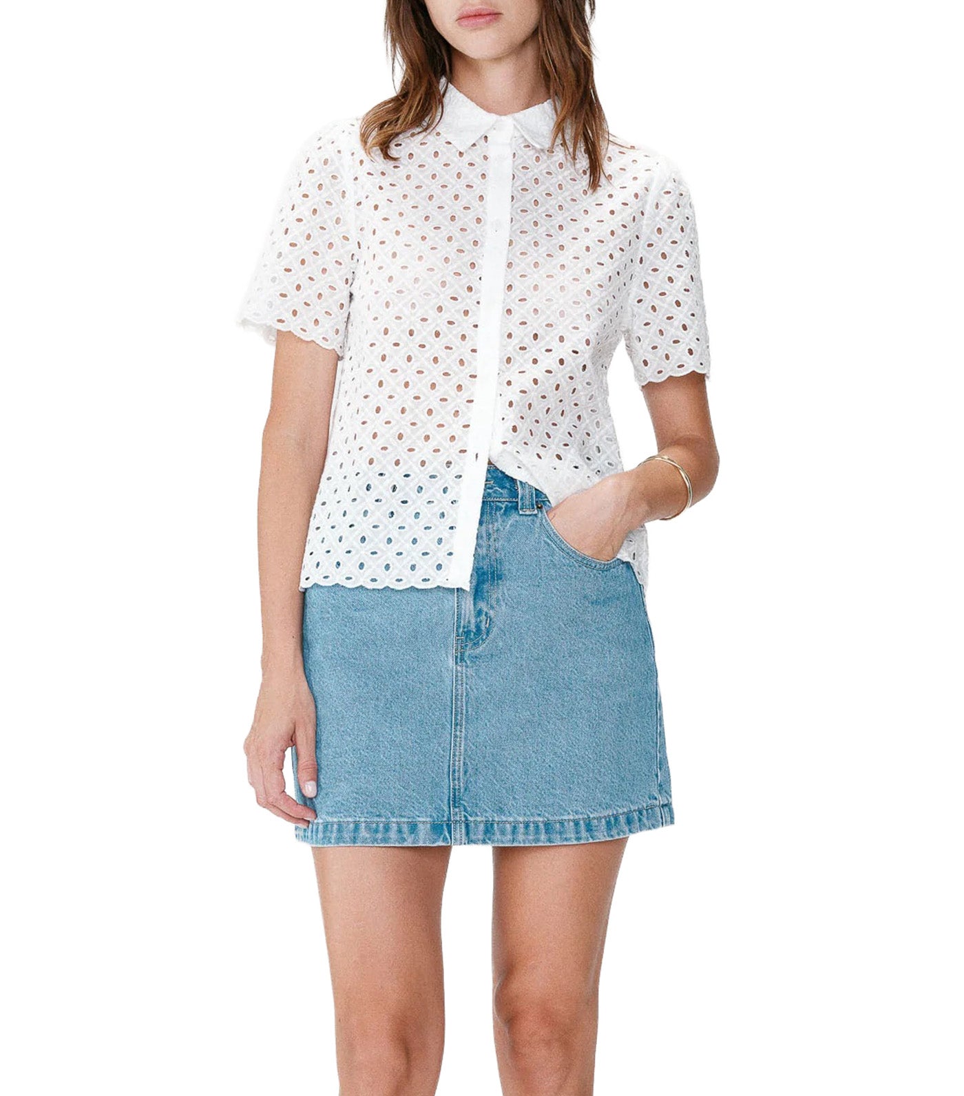 Waverine Lace Shirt with Short Sleeves White