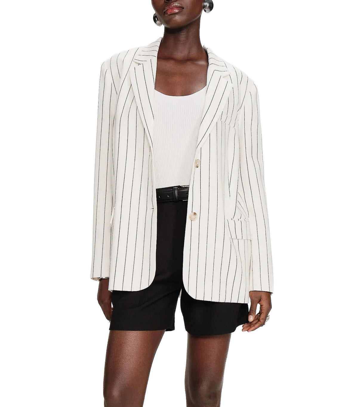 Velvet Striped Straight Blazer White
