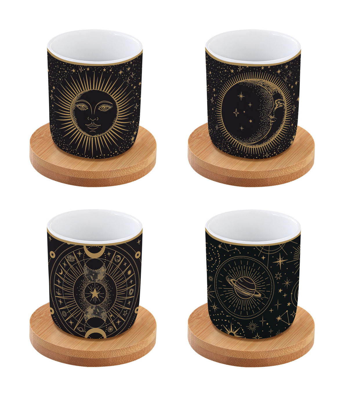 Celestial Set 4 Porcelain Coffee Cups with Bamboo Saucers