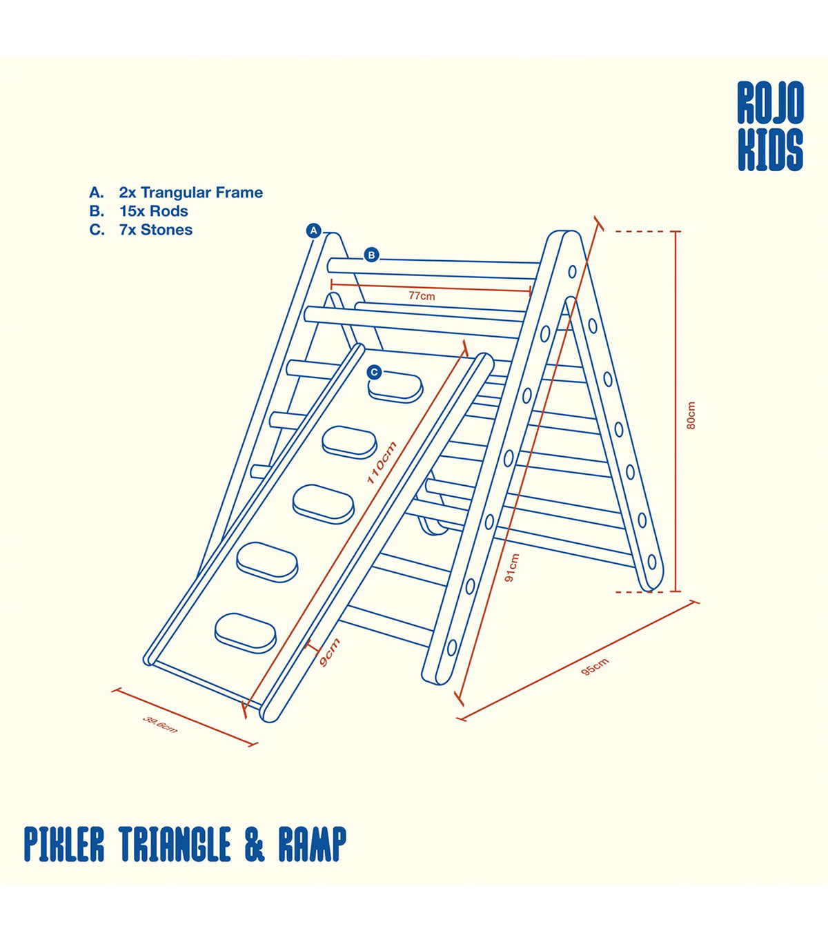 Pikler Triangle with Slide and Climb Board Red