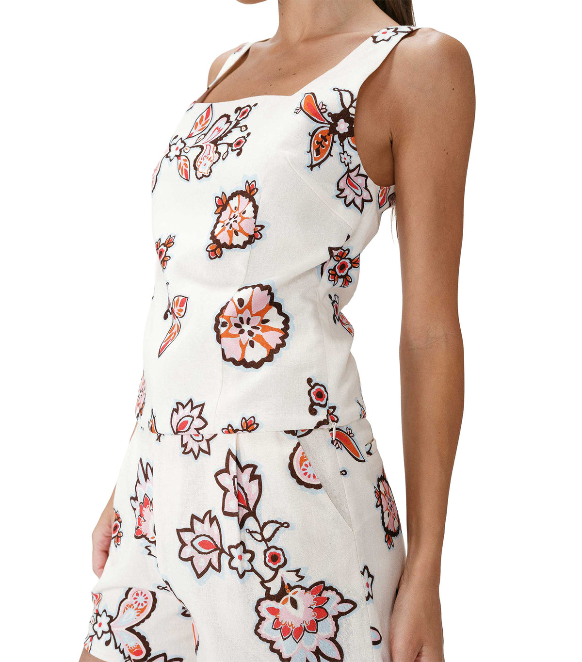 Windsor Fitted Floral-Print Square-Neck Top Ecru