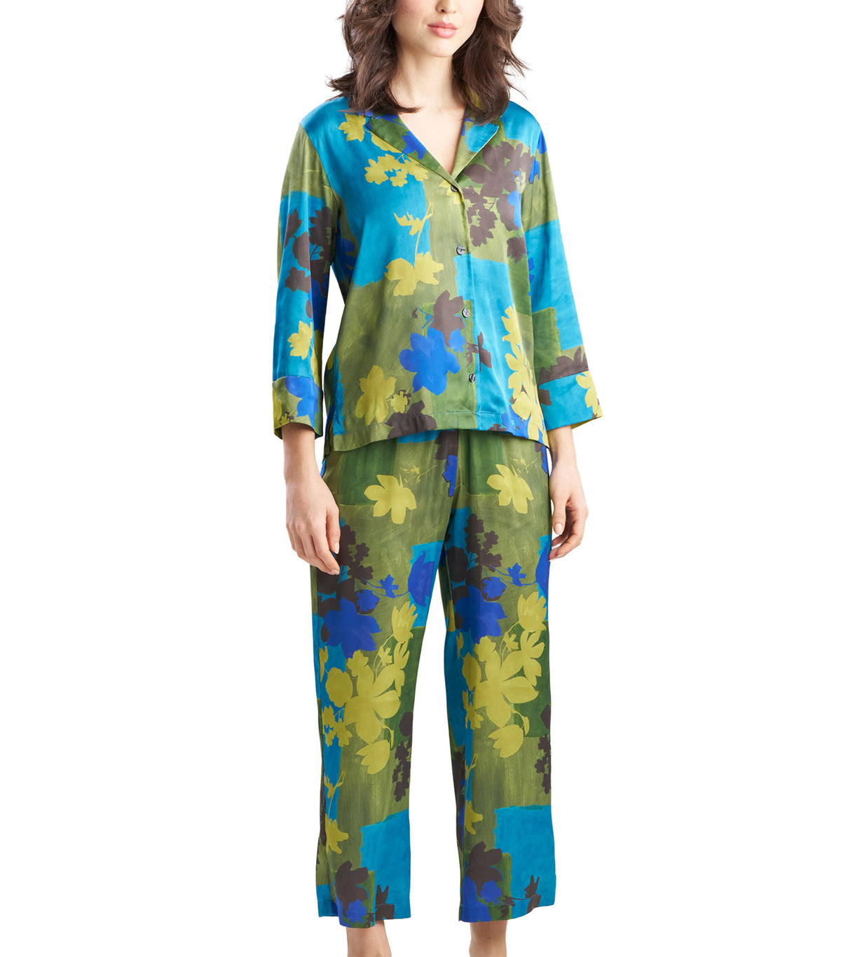 Coromandel Printed Stretch Satin Notch Pajama Set Vivtl