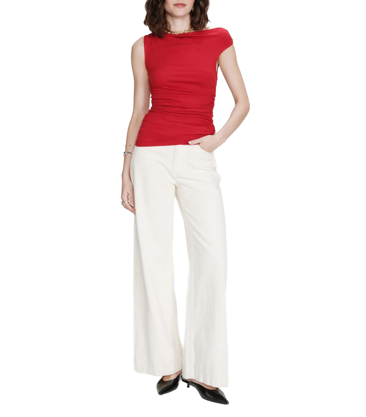 Vodia Fitted Asymmetric Draped Top Red
