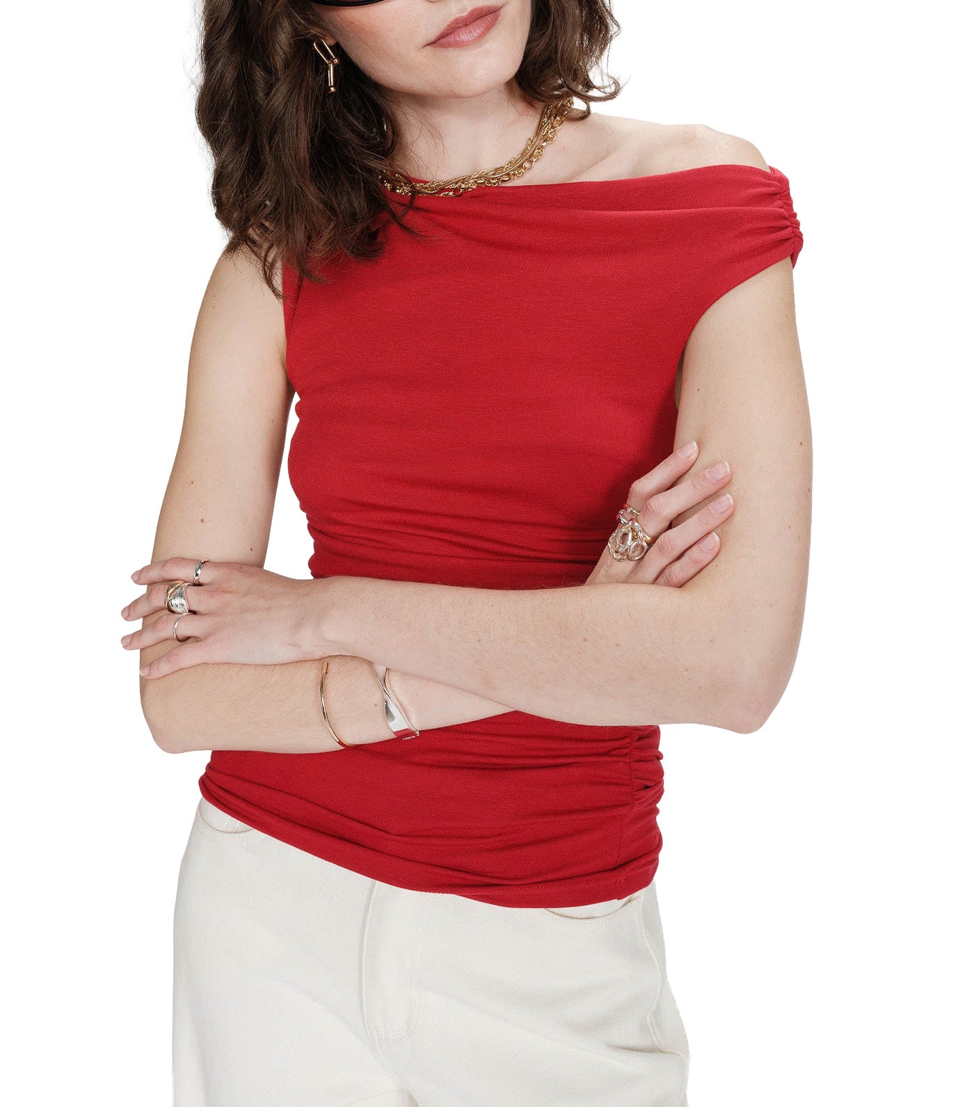 Vodia Fitted Asymmetric Draped Top Red