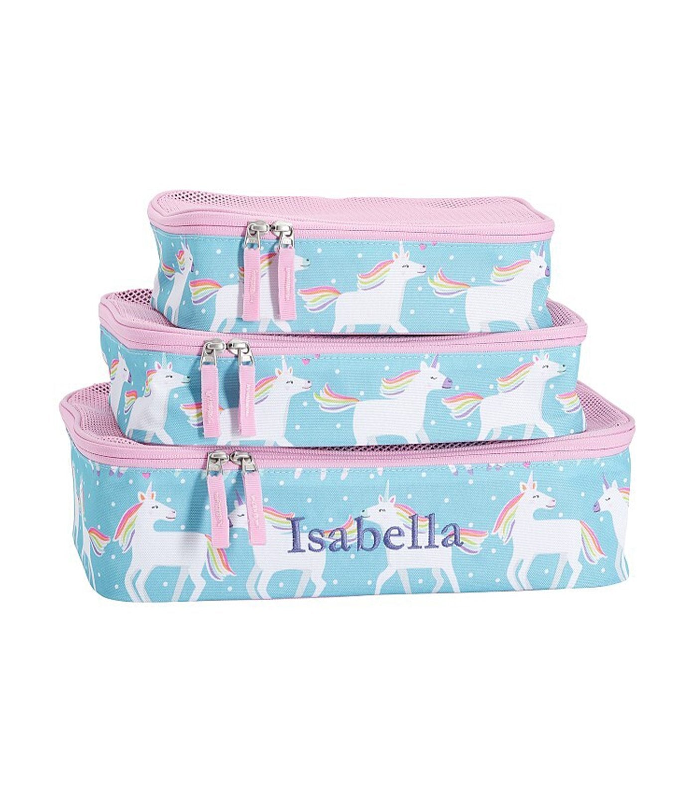 pottery barn kids mackenzie aqua unicorn parade packing cubes, set of 3