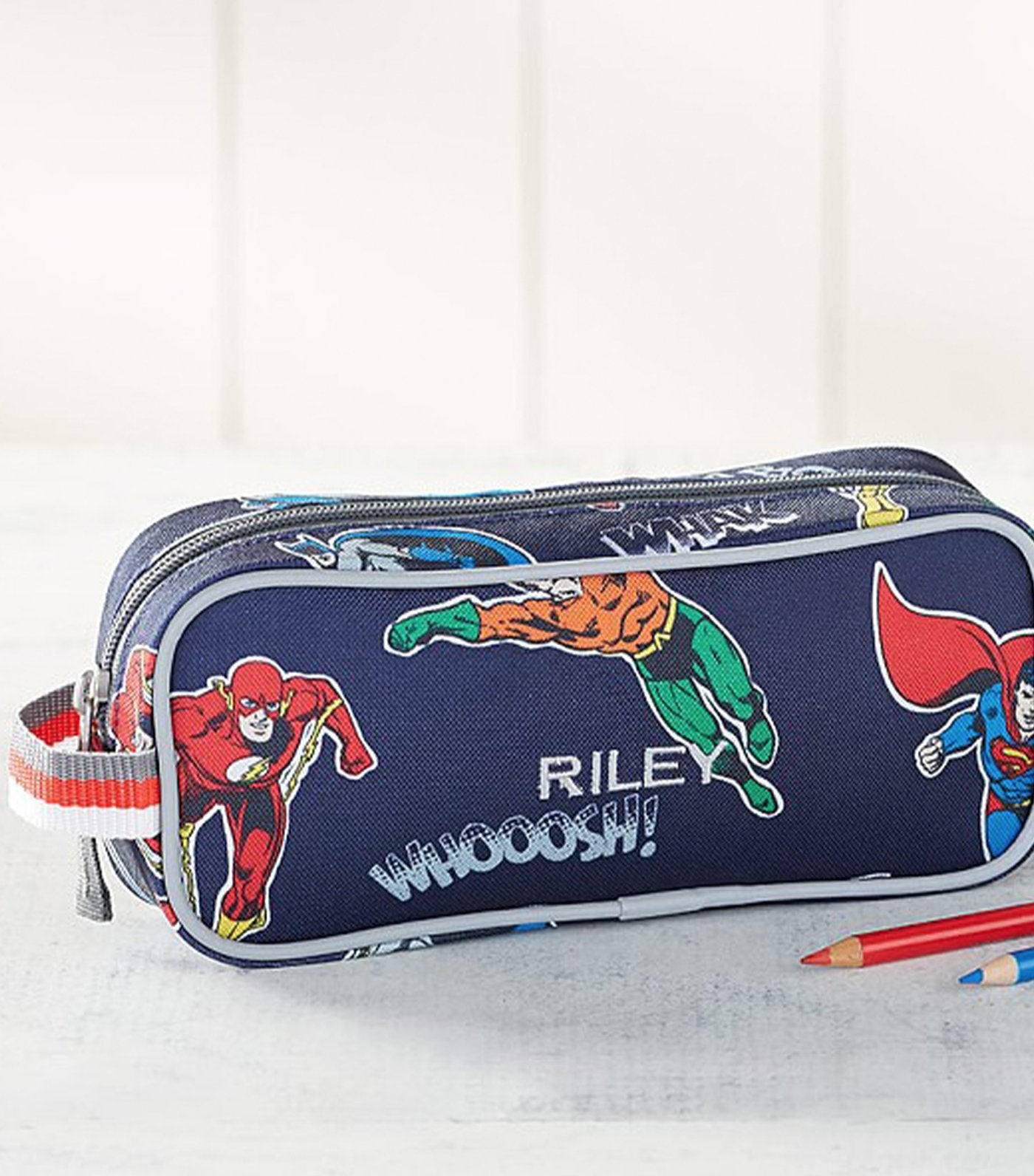 pottery barn kids mackenzie justice league™ glow-in-the-dark pencil case - navy