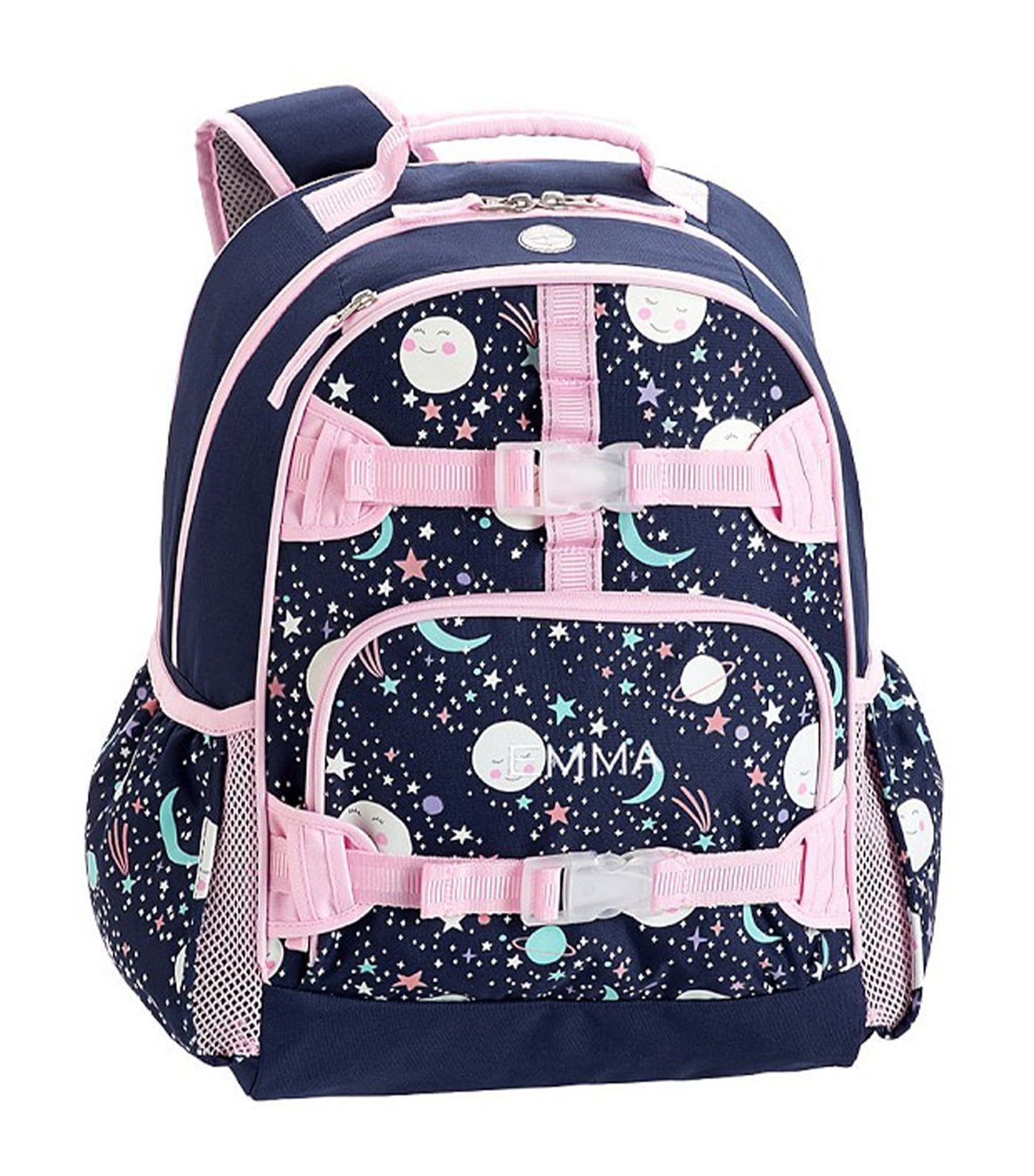 pottery barn kids mackenzie pink navy glow-in-the-dark moons large backpack