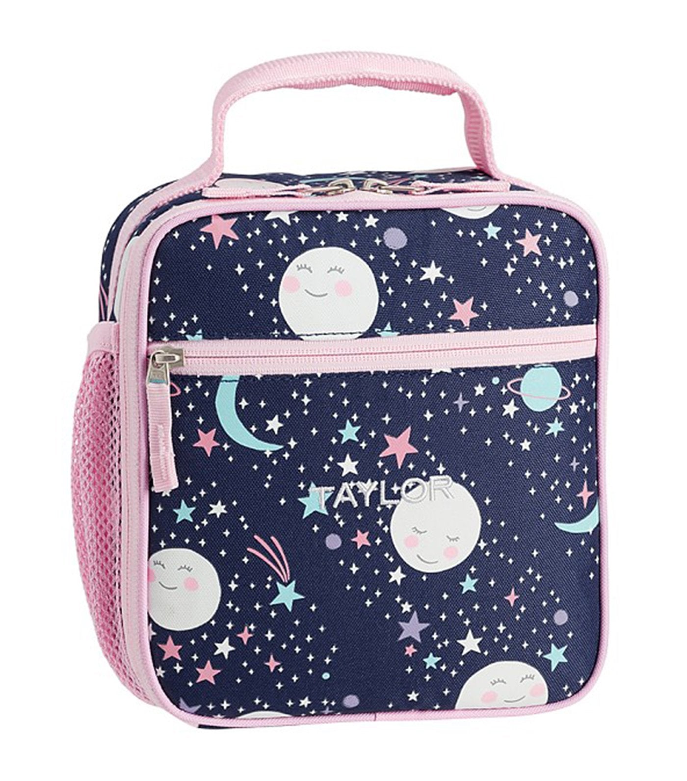 pottery barn kids mackenzie pink navy glow-in-the-dark moons lunch box - classic