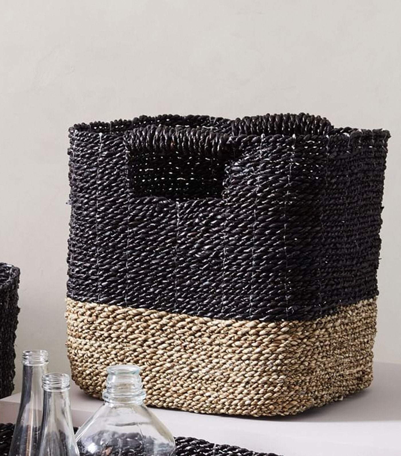 Two-Tone Woven Storage Basket - Black/Tan
