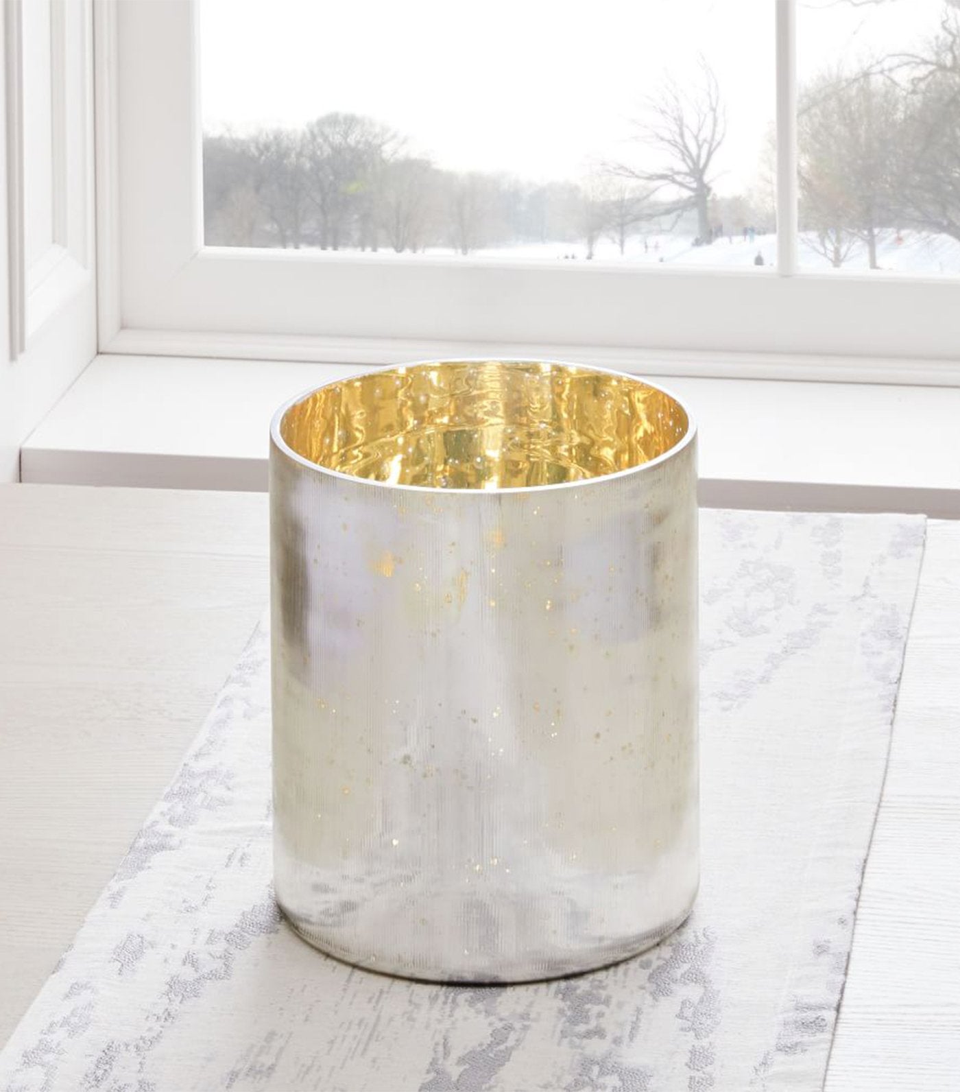 west elm Etched Glass Cylinder Hurricane - Antique Silver