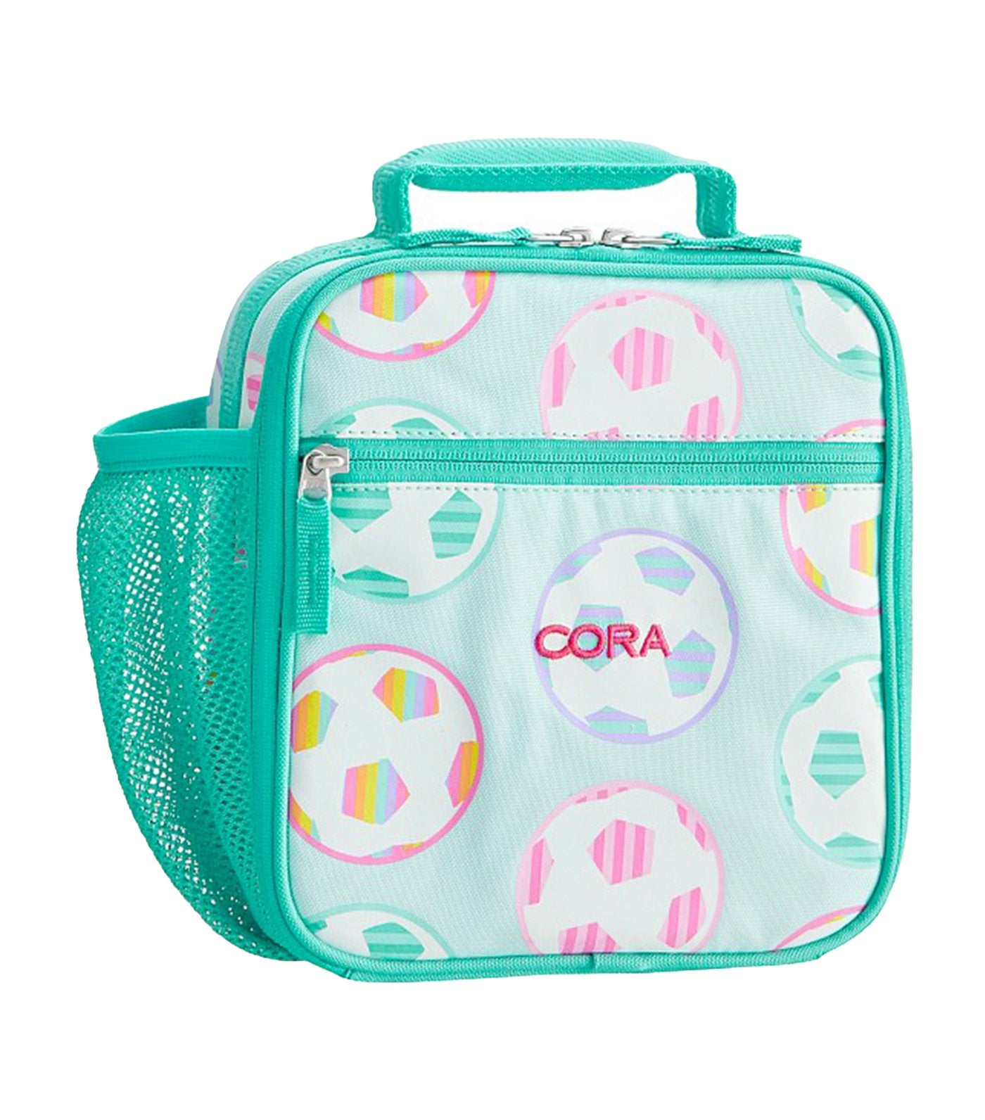 pottery barn kids mackenzie aqua soccer glow-in-the-dark classic lunch bag