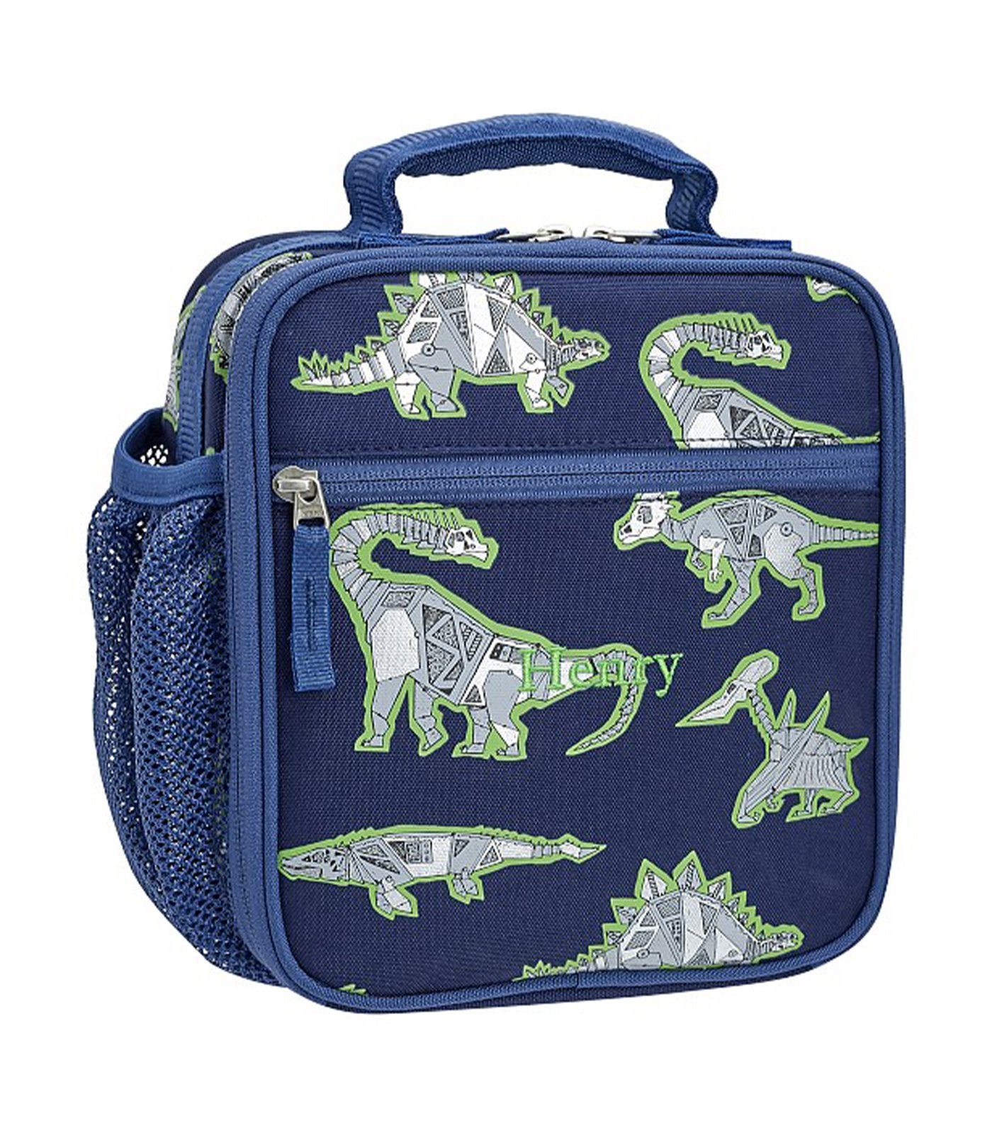 pottery barn kids blue mackenzie robo dino reflective classic lunch bag 