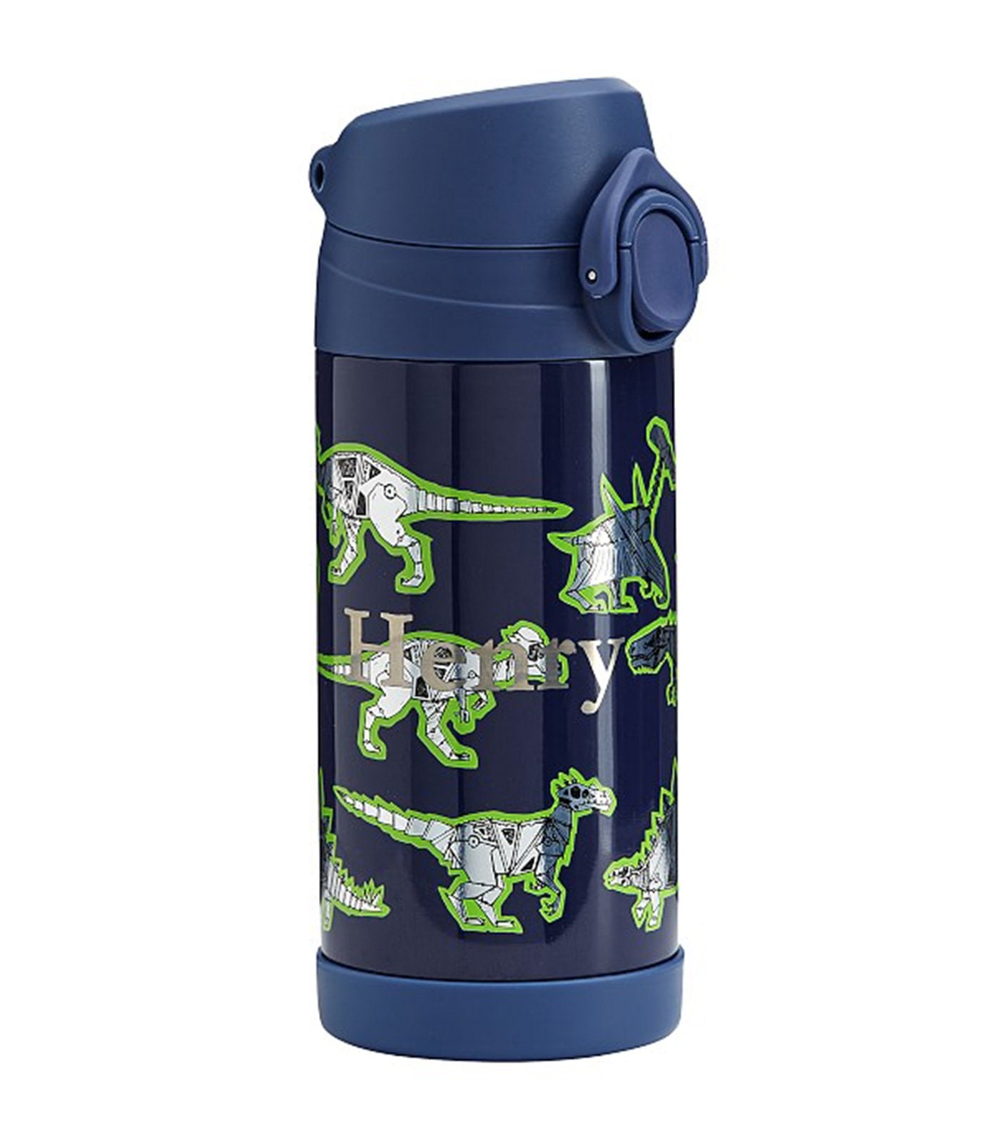 pottery barn kids blue mackenzie robo dino reflective regular water bottle 